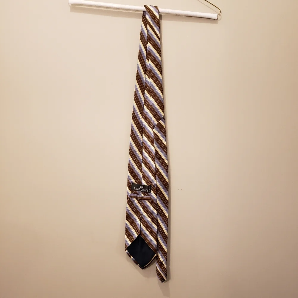 Paul Dione Silk Tie Gold Beige Navy Blue Stripes 4